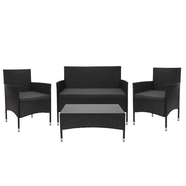 Mendler set in polyrattan HWC-F55, set balcone/giardino/salotto divano gruppo di sedute, nero, cuscini grigio scuro, 69814